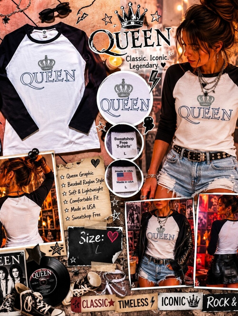 Que Queen Raglan Baseball Tee - Black & White